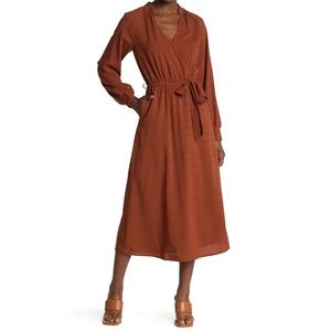 Lush Rust Orange Long-Sleeve Tie Waist Midi Dress
